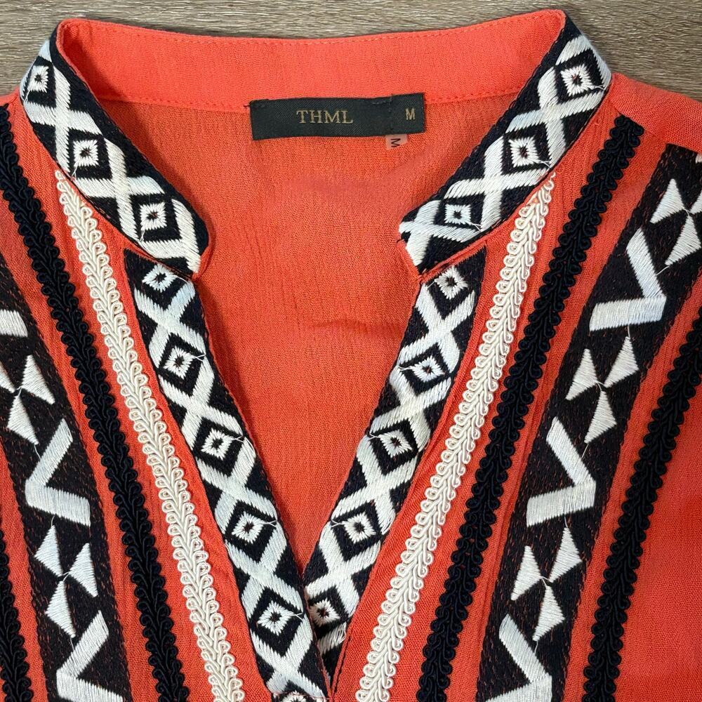 THML Embroidered Boho Tunic Top Coral Orange Medium - Picture 2 of 7